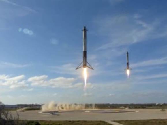 Falcon Heavy Outside Two Boosters Approach Landing Zone 1, Video Capture Courtesy SpaceX