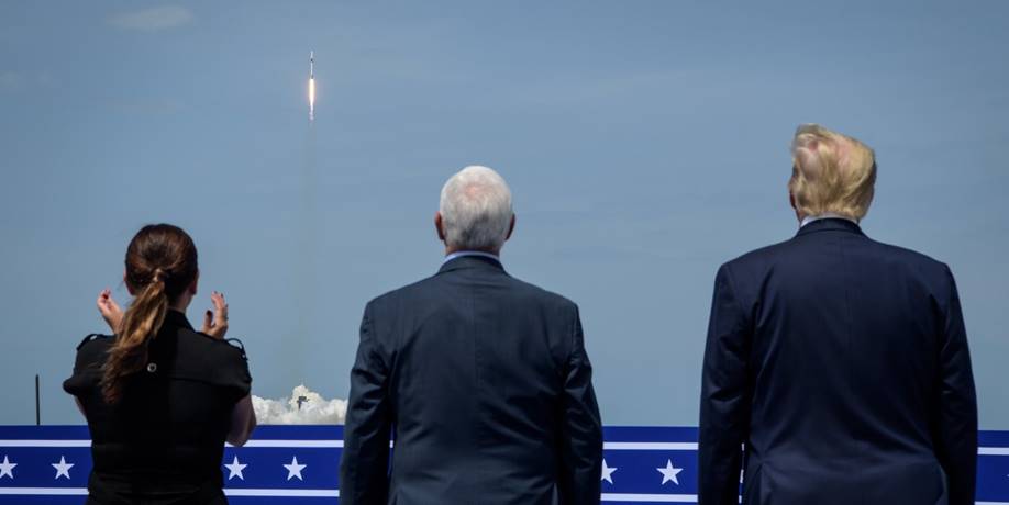 Second Lady Karen Pence Left Vice President Mike Pence Center And President Donald Trump Right View Falcon 9 Crew Dragon Demo-2 Launch, Photo Courtesy NASA