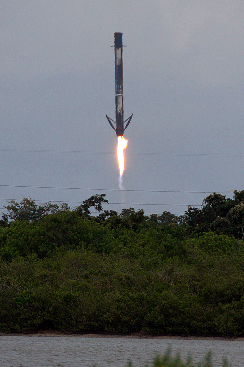 Falcon 9 Booster Approaches Landing, Photo Courtesy Carleton Bailie-Spaceline